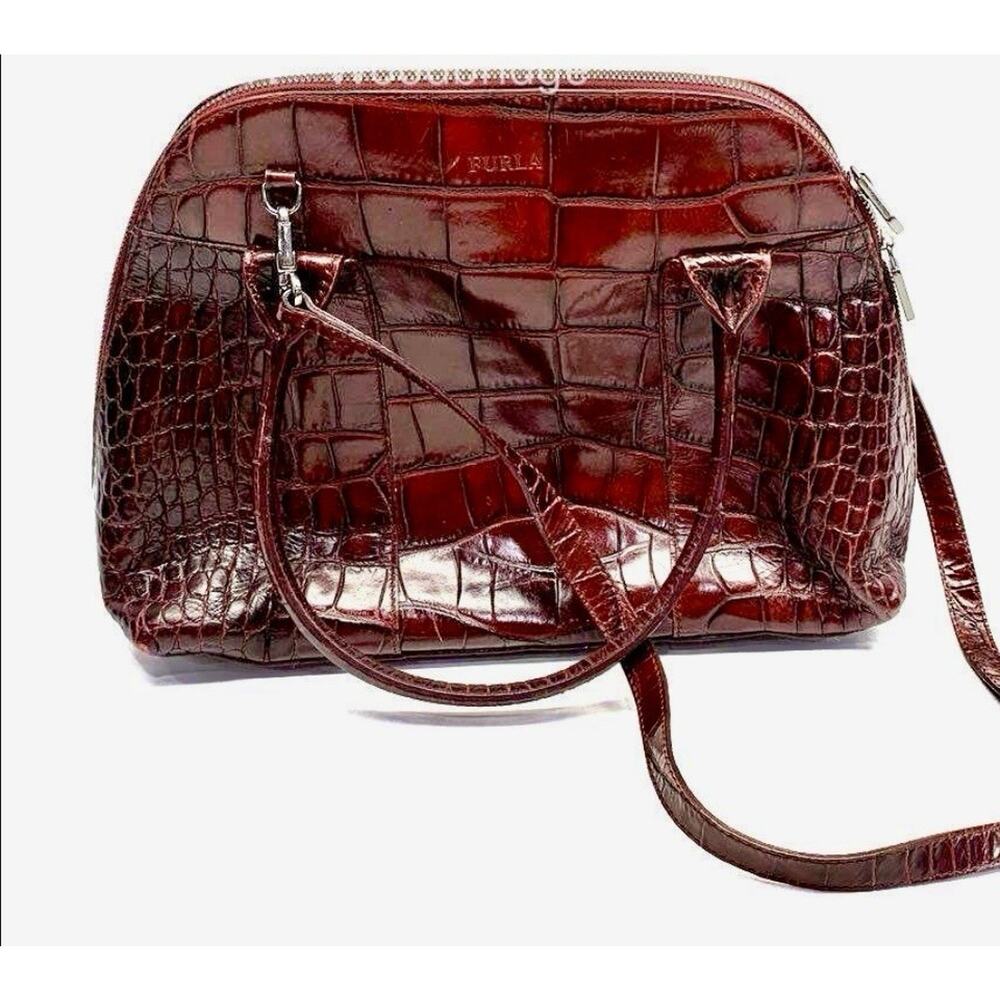 FURLA Ischia Dark Cherry Croco Embossed Italian Leather. Excellent Condition!